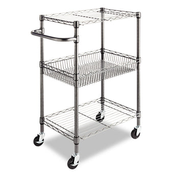 ALERA Three-Tier Wire Cart with Basket, Metal, 2 Shelves, 1 Bin, 500 lb Capacity, 28