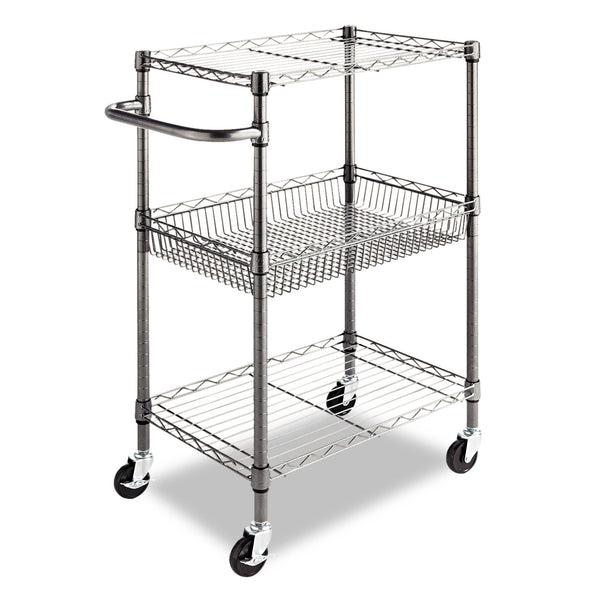 ALERA Three-Tier Wire Cart with Basket, Metal, 2 Shelves, 1 Bin, 500 lb Capacity, 28" x 16" x 39", Black Anthracite