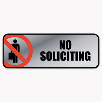 CONSOLIDATED STAMP Brushed Metal Office Sign, No Soliciting, 9 x 3, Silver/Red