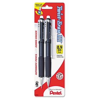Pentel® Twist-Erase III Mechanical Pencil, 0.9 mm, HB (#2), Black Lead, Assorted Barrel Colors, 2/Pack