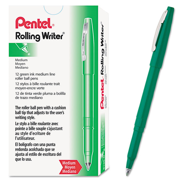 Pentel® Rolling Writer Roller Ball Pen, Stick, Medium 0.8 mm, Green Ink, Green Barrel, Dozen