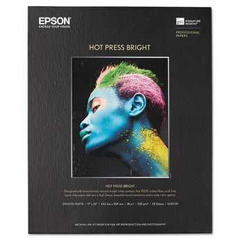 EPSON AMERICA, INC. Hot Press Bright Fine Art Paper, 17 mil, 17 x 22, Smooth Matte White, 25/Pack