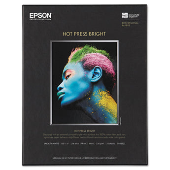 EPSON AMERICA, INC. Hot Press Bright Fine Art Paper, 17 mil, 8.5 x 11, Smooth Matte White, 25/Pack