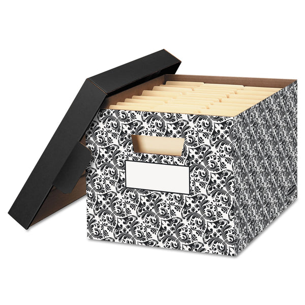 FELLOWES MFG. CO. STOR/FILE Decorative Medium-Duty Storage Box, Letter/Legal Files, 12.5" x 16.25" x 10.5", Black/White Brocade Design, 4/CT