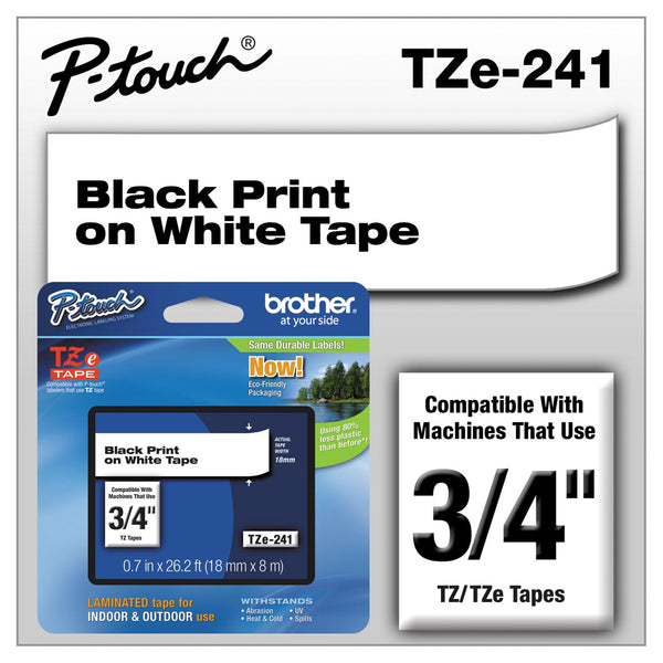 BROTHER INTL. CORP. TZe Standard Adhesive Laminated Labeling Tape, 0.7" x 26.2 ft, Black on White