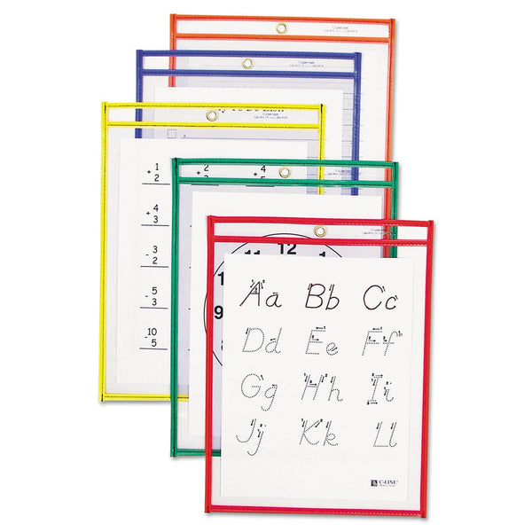 C-Line® Reusable Dry Erase Pockets, 9 x 12, Assorted Primary Colors, 5/Pack
