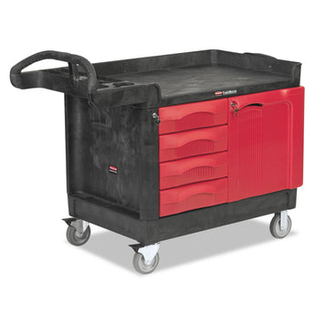 RUBBERMAID COMMERCIAL PROD. TradeMaster Cart with One Door, Plastic, 3 Shelves, 4 Drawers, 750 lb Capacity, 26.25