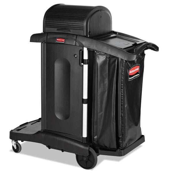 RUBBERMAID COMMERCIAL PROD. Executive High Security Janitorial Cleaning Cart, Plastic, 4 Shelves, 1 Bin, 23.1" x 39.6" x 27.5", Black