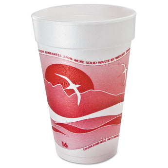 DART Horizon Hot/Cold Foam Drinking Cups, 16 oz, Printed, Cranberry/White, 25/Bag, 40 Bags/Carton