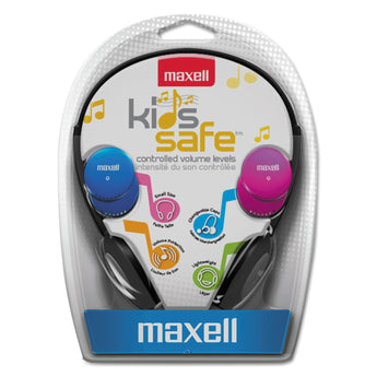 MAXELL CORP. OF AMERICA Kids Safe Headphones, 4 ft Cord, Black with Interchangeable Pink/Blue/Silver Caps