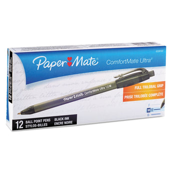 Paper Mate® ComfortMate Ultra Ballpoint Pen, Retractable, Medium 1 mm, Black Ink, Black Barrel, Dozen