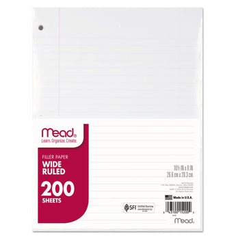 MEAD PRODUCTS Filler Paper, 3-Hole, 8 x 10.5, Wide/Legal Rule, 200/Pack