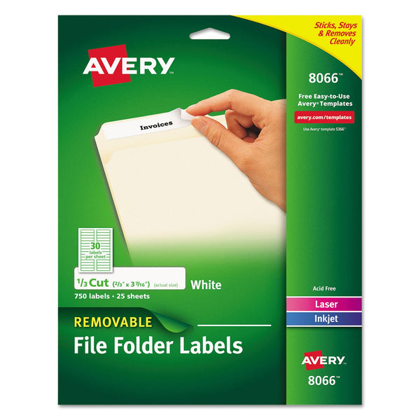 AVERY PRODUCTS CORPORATION Removable File Folder Labels with Sure Feed Technology, 0.66 x 3.44, White, 30/Sheet, 25 Sheets/Pack