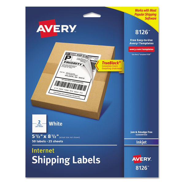 AVERY PRODUCTS CORPORATION Shipping Labels w/ TrueBlock Technology, Inkjet Printers, 5.5 x 8.5, White, 2/Sheet, 25 Sheets/Pack