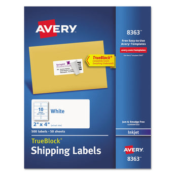 AVERY PRODUCTS CORPORATION Shipping Labels w/ TrueBlock Technology, Inkjet Printers, 2 x 4, White, 10/Sheet, 50 Sheets/Box