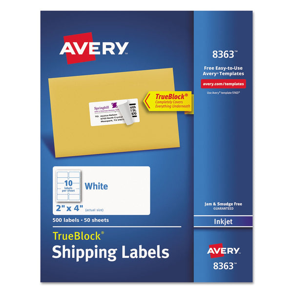 AVERY PRODUCTS CORPORATION Shipping Labels w/ TrueBlock Technology, Inkjet Printers, 2 x 4, White, 10/Sheet, 50 Sheets/Box