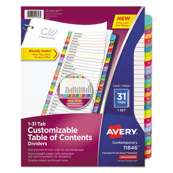AVERY PRODUCTS CORPORATION Customizable TOC Ready Index Multicolor Tab Dividers, 31-Tab, 1 to 31, 11 x 8.5, White, Contemporary Color Tabs, 1 Set