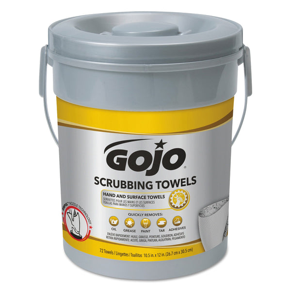 GO-JO INDUSTRIES Scrubbing Towels, Hand Cleaning, 2-Ply, 10.5 x 12, Silver/Yellow, 72/Bucket, 6/Carton