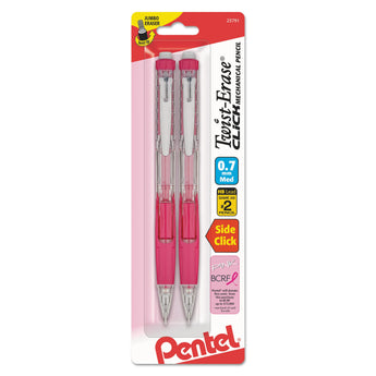 PENTEL OF AMERICA Twist-Erase CLICK Mechanical Pencil, 0.7 mm, HB (#2), Black Lead, Pink Barrel, 2/Pack