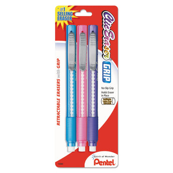 PENTEL OF AMERICA Clic Eraser Grip Eraser, For Pencil Marks, White Eraser, Randomly Assorted Barrel Colors (Three-Colors), 3/Pack