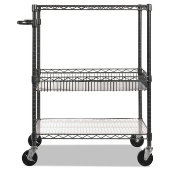 ALERA Three-Tier Wire Cart with Basket, Metal, 2 Shelves, 1 Bin, 500 lb Capacity, 34