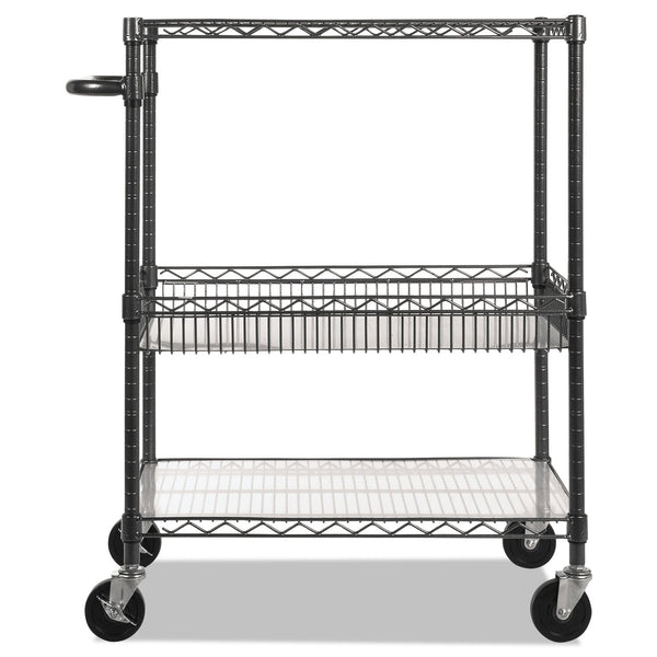 ALERA Three-Tier Wire Cart with Basket, Metal, 2 Shelves, 1 Bin, 500 lb Capacity, 34" x 18" x 40", Black Anthracite
