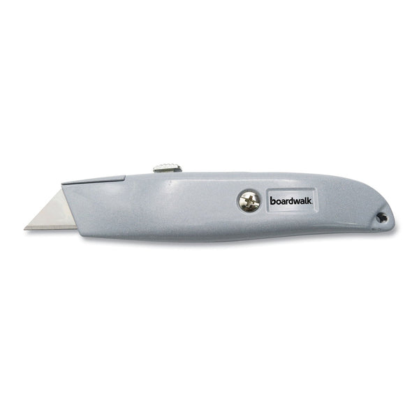 BOARDWALK Retractable Metal Utility Knife, Retractable, 6" Die-Cast Handle, Gray