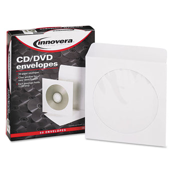 INNOVERA CD/DVD Envelopes, Clear Window, 1 Disc Capacity, White, 50/Pack