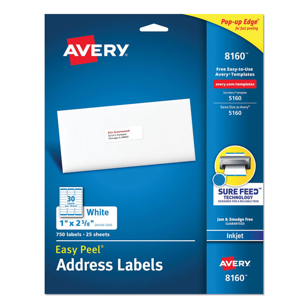 AVERY PRODUCTS CORPORATION Easy Peel White Address Labels w/ Sure Feed Technology, Inkjet Printers, 1 x 2.63, White, 30/Sheet, 25 Sheets/Pack
