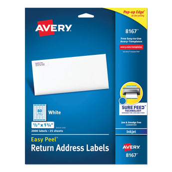 AVERY PRODUCTS CORPORATION Easy Peel White Address Labels w/ Sure Feed Technology, Inkjet Printers, 0.5 x 1.75, White, 80/Sheet, 25 Sheets/Pack