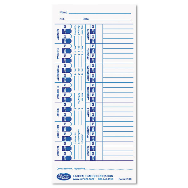 LATHEM TIME CORPORATION Time Clock Cards for Lathem Time E Series, One Side, 4 x 9, 100/Pack