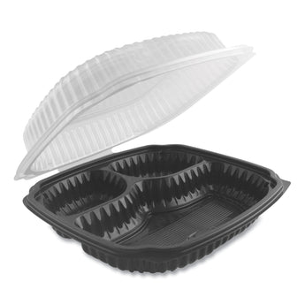 ANCHOR PACKAGING Culinary Lites Microwavable 3-Compartment Container, 20 oz/5 oz/ 5 oz, 9 x 9 x 3.13, Clear/Black, Plastic, 100/Carton