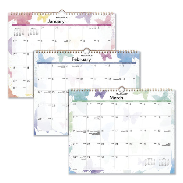 Watercolors Recycled Monthly Wall Calendar, Watercolors Artwork, 15 x 12, White/Multicolor Sheets, 12-Month (Jan-Dec): 2024