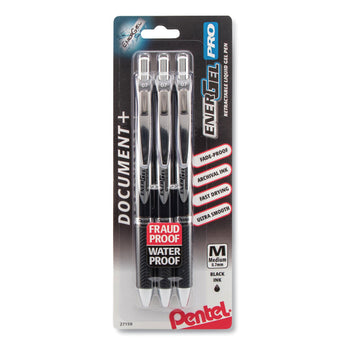 Pentel® EnerGel PRO Hybrid Gel Pen, Retractable, Medium 0.7 mm, Black Ink, Black Barrel, 3/Pack