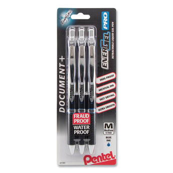 Pentel® EnerGel PRO Hybrid Gel Pen, Retractable, Medium 0.7 mm, Blue Ink, Black Barrel, 3/Pack