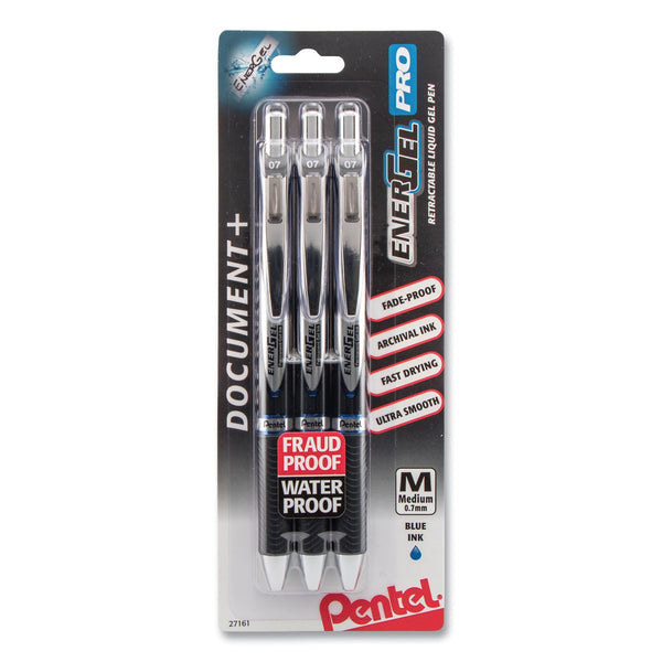 Pentel® EnerGel PRO Hybrid Gel Pen, Retractable, Medium 0.7 mm, Blue Ink, Black Barrel, 3/Pack