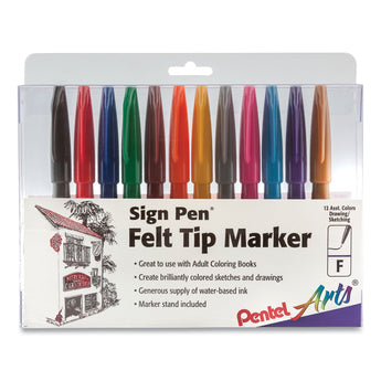 PENTEL OF AMERICA Sign Pen Fine Point Color Marker, Extra-Fine Bullet Tip, Assorted Colors, 12/Set