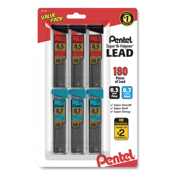 Pentel® Super Hi-Polymer Lead Refill Value Pack, 0.5 mm; 0.7 mm, HB, Black, 30/Tube, 6 Tubes/Pack