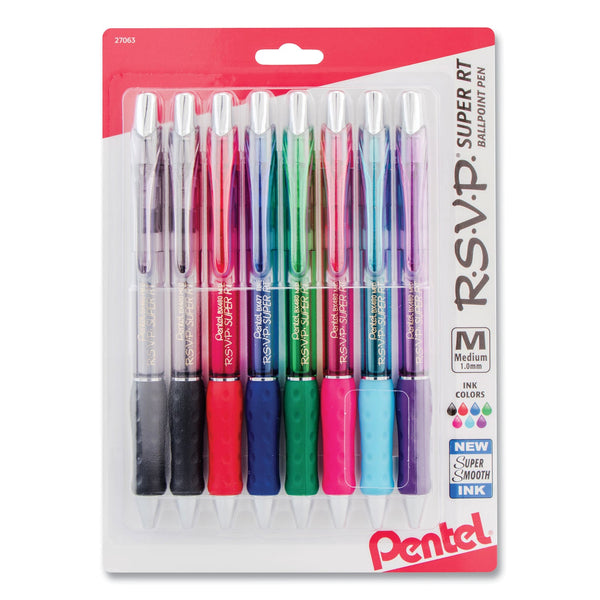PENTEL OF AMERICA R.S.V.P. Super RT Ballpoint Pen, Retractable, Medium 1 mm, Assorted Ink and Barrel Colors, 8/Pack
