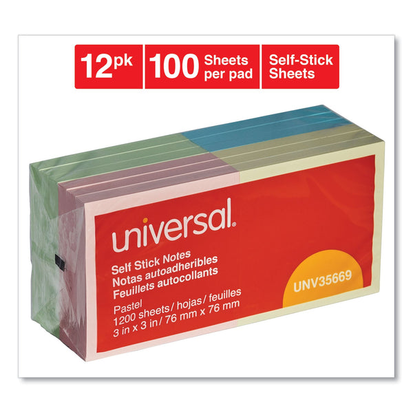 UNIVERSAL OFFICE PRODUCTS Self-Stick Note Pads, 3" x 3", Assorted Pastel Colors, 100 Sheets/Pad, 12 Pads/Pack