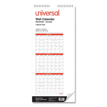 UNIVERSAL OFFICE PRODUCTS Three-Month Wall Calendar, 12 x 27, White/Black/Red Sheets, 14-Month, Dec 2023 to Jan 2025