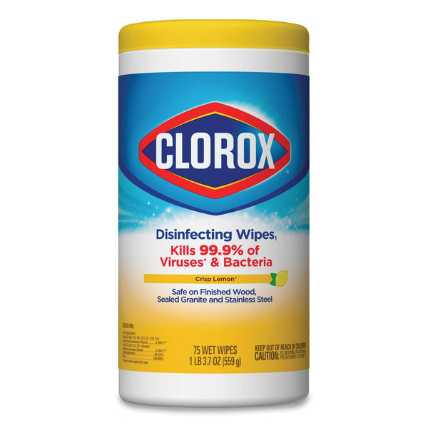CLOROX SALES CO. Disinfecting Wipes, 1-Ply, 7 x 8, Crisp Lemon, White, 35/Canister, 12 Canisters/Carton