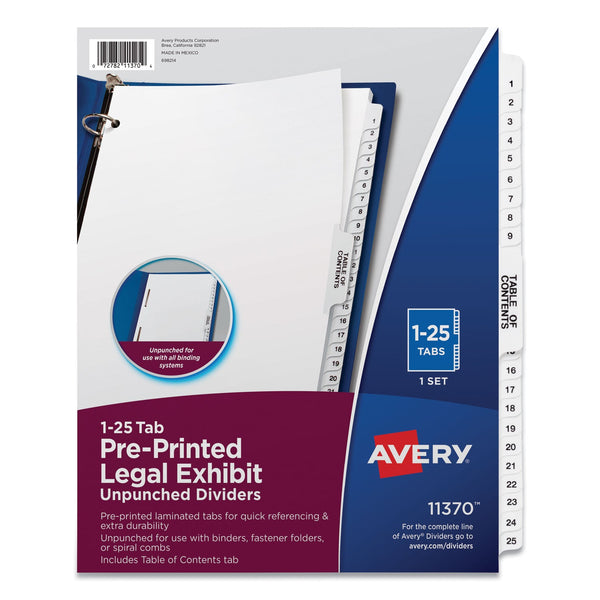 AVERY PRODUCTS CORPORATION Preprinted Legal Exhibit Side Tab Index Dividers, Avery Style, 25-Tab, 1 to 25, 11 x 8.5, White, 1 Set