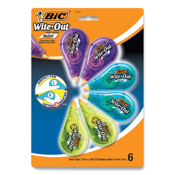 BIC® Wite-Out Brand Mini Correction Tape, Non-Refillable, Blue/Purple/Yellow Applicators, 0.2
