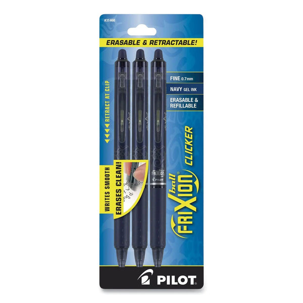 Pilot® FriXion Clicker Erasable Gel Pen, Retractable, Fine 0.7 mm, Navy Ink, Navy Barrel, 3/Pack