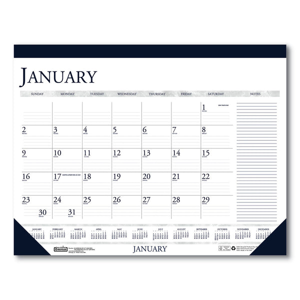 HOUSE OF DOOLITTLE Recycled Two-Color Monthly Desk Pad Calendar with Notes Section, 22 x 17, Blue Binding/Corners, 12-Month (Jan-Dec): 2024
