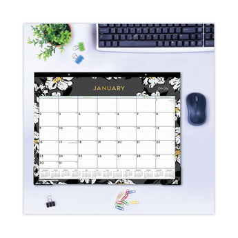 Baccara Dark Desk Pad, Baccara Dark Floral Artwork, 22 x 17, White/Black Sheets, Black Binding, 12-Month (Jan to Dec): 2024