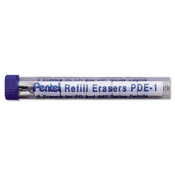 PENTEL OF AMERICA Eraser Refills for Pentel Champ, e-sharp, Jolt, Icy and Quicker Clicker Pencils, Cylindrical Rod, White, 5/Tube