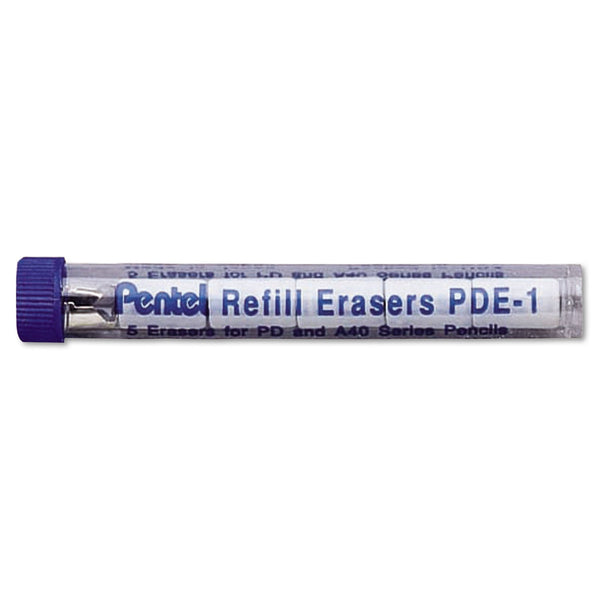 PENTEL OF AMERICA Eraser Refills for Pentel Champ, e-sharp, Jolt, Icy and Quicker Clicker Pencils, Cylindrical Rod, White, 5/Tube