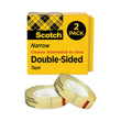 Scotch® Double-Sided Tape, 1" Core, 0.5" x 75 ft, Clear, 2/Pack